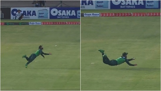 Shadab Khan takes a brilliant catch during the 1st ODI against West Indies (Twitter/TheRealPCB)