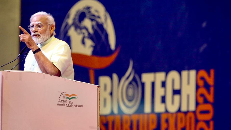 Prime Minister Narendra Modi addresses inauguration ceremony of Biotech Start-up Expo 2022, at Pragati Maidan, in New Delhi on Thursday. (PTI) Prime Minister Narendra Modi addresses inauguration ceremony of Biotech Start-up Expo 2022, at Pragati Maidan, in New Delhi on Thursday. (PTI)
