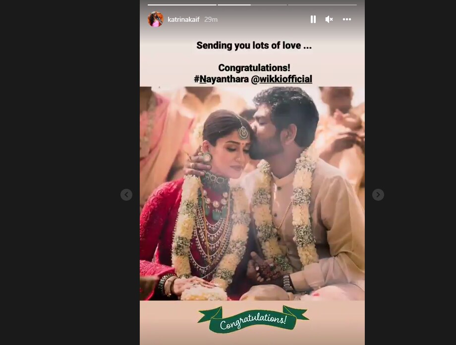 Katrina Kaif wishes newlyweds Nayanthara and Vignesh on Instagram.