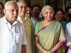 File photo of BJP Rajya Sabha candidates Nirmala Sitharaman, Jaggesh and Lehar Singh Siroya with former Karnataka chief minister BS Yediyurappa.