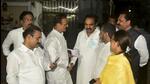 (Left to Right) Rajesh Tope, NCP, Sunil Shinde, Shiv Sena, Bhai Jagtap, Congress, Jayant Pàtil, NCP, Sachin Ahir, Shiv Sena and Varsha Gaikwad, Congress, interact outside Vidhan Bhavan during Rajya Sabha elections, in Mumbai, on June 10, 2022. (Anshuman Poyrekar/HT PHOTO) (Left to Right) Rajesh Tope, NCP, Sunil Shinde, Shiv Sena, Bhai Jagtap, Congress, Jayant Pàtil, NCP, Sachin Ahir, Shiv Sena and Varsha Gaikwad, Congress, interact outside Vidhan Bhavan during Rajya Sabha elections, in Mumbai, on June 10, 2022. (Anshuman Poyrekar/HT PHOTO)