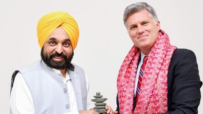 Punjab chief minister Bhagwant Mann with Canadian high commissioner Cameron Mackay in Chandigarh (PTI)