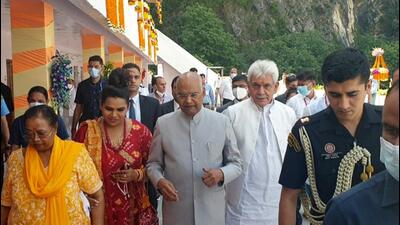 President Ram Nath Kovind with First Lady Savita Kovind and Jammu and Kashmir lieutenant governor Manoj Sinha visits Vaishno Devi to offer prayers, in Katra on Friday. (ANI)