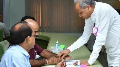 Rajasthan chief minister Ashok Gehlot casts his vote during the Rajya Sabha elections on Friday. (HT Photo) Rajasthan chief minister Ashok Gehlot casts his vote during the Rajya Sabha elections on Friday. (HT Photo)