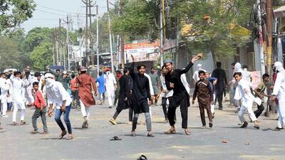 Protestors pelting stones in Prayagraj. (ANI PHOTO) Protestors pelting stones in Prayagraj. (ANI PHOTO)