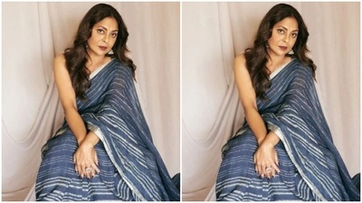 Shefali played muse to fashion designer Anavila and picked a blue and white striped cotton saree for the pictures. (Instagram/@shefalishahofficial)
