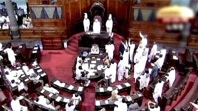 A scene in the Rajya Sabha in New Delhi. (PTI/TV Grab)