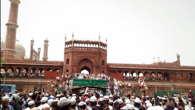 People stage a protest over alleged remarks by suspended BJP leader Nupur Sharma and expelled leader Naveen Jindal, at Jama Masjid, in Delhi on Friday. (ANI) People stage a protest over alleged remarks by suspended BJP leader Nupur Sharma and expelled leader Naveen Jindal, at Jama Masjid, in Delhi on Friday. (ANI)