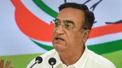 HT Congress leader Ajay Maken addresses a press conference at AICC office in New Delhi on Tuesday. (PTI PHOTO.)