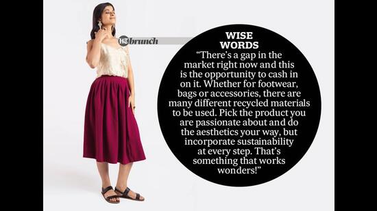 On Radhika: An eco-printed slip top; footwear made of recycled rubber and cork; and jewellery made from reclaimed teak wood blocks (Shivamm Pathak)