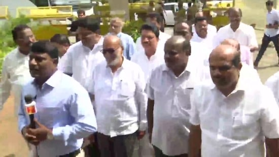 Janata Dal (Secular) MLAs including HD Kumaraswamy arrive at Vidhana Soudha for Rajya Sabha polls.(ANI)