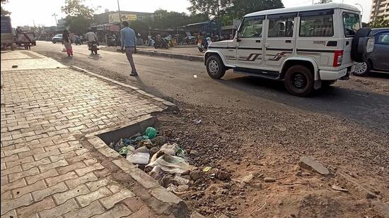 A blocked road gully in Sector 78 in Mohali. (Ravi Kumat/HT)