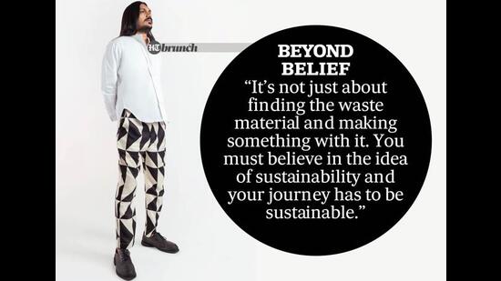 On Sudheer: A shirt made from khadi; pants made from upcycled, discarded sari; and shoes from Camper Lab in rubber (Shivamm Pathak)