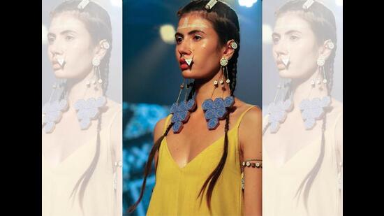 These earrings were handcrafted with reclaimed wood and coloured with natural indigo and gypsum. They were exclusively designed for the Circular Design Challenge 2022 at FDCI X Lakmé Fashion Week (Shivamm Pathak)