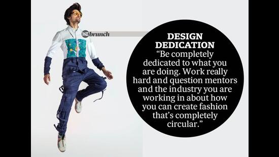 On Pratyush: A shirt made from an upcycled, damaged shirt, certified organic cotton and cartex (upcycled carpet waste textile), hand-embroidered surplus and dead stock textiles; pants made from cartex; modular sustainable eyewear in PA12; and modular footwear made from recycled polythene bags textile and rPET (recycled plastic bottle textile) (Shivamm Pathak)