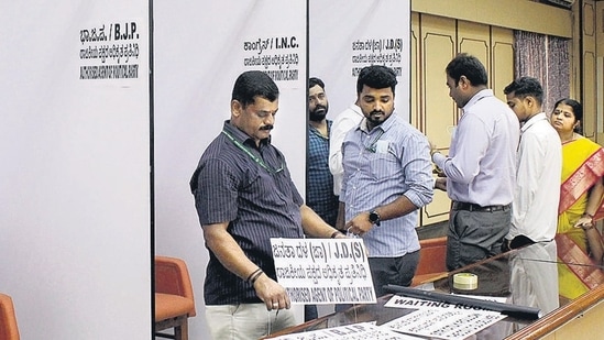 Preparations underway for the upcoming Rajya Sabha election in Bengaluru on Thursday. (ANI)(HT_PRINT)