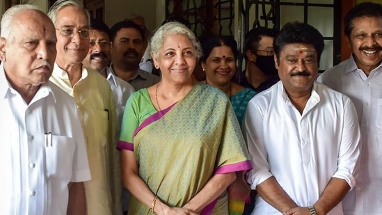 File photo of BJP Rajya Sabha candidates Nirmala Sitharaman, Jaggesh and Lehar Singh Siroya with former Karnataka chief minister BS Yediyurappa.