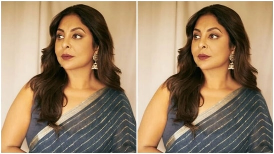 Assisted by makeup artist Pallavi Symons, Shefali decked up in nude eyeshadow, black eyeliner, mascara-laden eyelashes, drawn eyebrows, contoured cheeks and a shade of soft maroon lipstick.(Instagram/@shefalishahofficial)