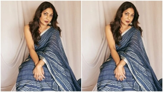 Shefali played muse to fashion designer Anavila and picked a blue and white striped cotton saree for the pictures.(Instagram/@shefalishahofficial)