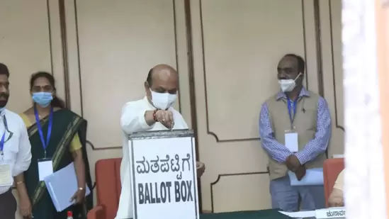 Karnataka CM Basavaraj Bommai casts his vote in Rajya Sabha elections.