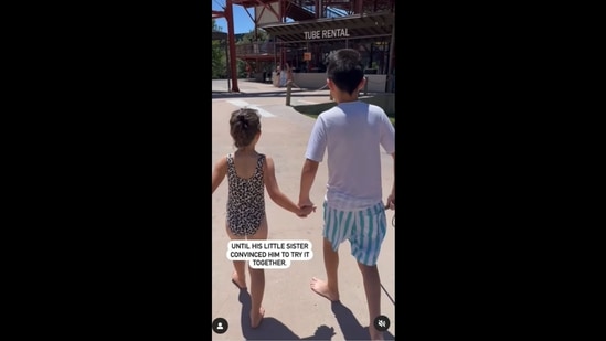 The visually impaired boy went on a water slide after being encouraged by his little sister.&nbsp;(ourblindside/Instagram )