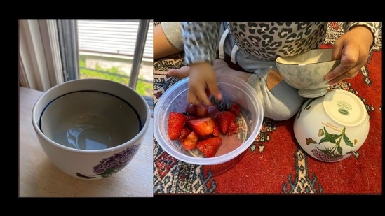 The woman finally got her ceramic bowls separated with the help of her toddler.&nbsp;(@whatchidid/Twitter )