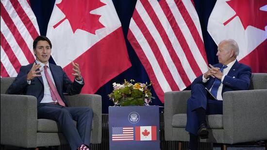 Canadian Prime Minister Justin Trudeau (left) meets with US President Joe Biden during the Summit of the Americas, in Los Angeles, on Thursday. Both the leaders also discussed about the Indo-Pacific region during the meeting. (AP)