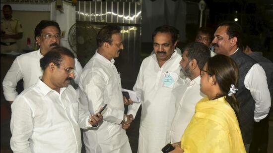 (Left to Right) Rajesh Tope, NCP, Sunil Shinde, Shiv Sena, Bhai Jagtap, Congress, Jayant Pàtil, NCP, Sachin Ahir, Shiv Sena and Varsha Gaikwad, Congress, interact outside Vidhan Bhavan during Rajya Sabha elections, in Mumbai, on June 10, 2022. (Anshuman Poyrekar/HT PHOTO)