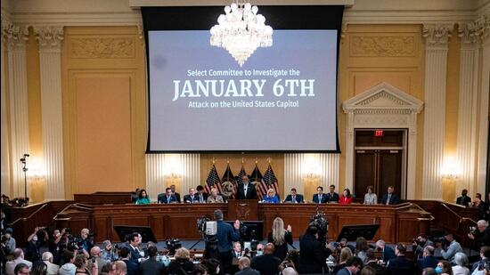 US Capitol Police officer Caroline Edwards and British filmmaker Nick Quested, are sworn during the hearing of the US House Select Committee to Investigate the January 6 Attack on the United States Capitol, on Capitol Hill in Washington, US. (REUTERS)