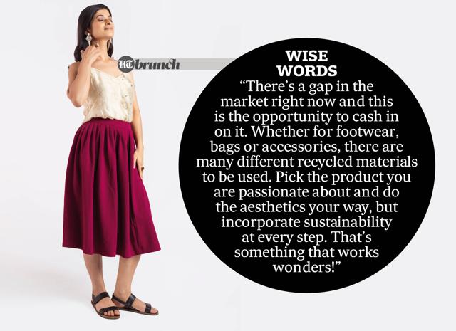 On Radhika: An eco-printed slip top; footwear made of recycled rubber and cork; and jewellery made from reclaimed teak wood blocks (Shivamm Pathak) On Radhika: An eco-printed slip top; footwear made of recycled rubber and cork; and jewellery made from reclaimed teak wood blocks (Shivamm Pathak)