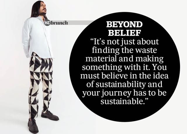On Sudheer: A shirt made from khadi; pants made from upcycled, discarded sari; and shoes from Camper Lab in rubber (Shivamm Pathak) On Sudheer: A shirt made from khadi; pants made from upcycled, discarded sari; and shoes from Camper Lab in rubber (Shivamm Pathak)