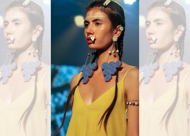 These earrings were handcrafted with reclaimed wood and coloured with natural indigo and gypsum. They were exclusively designed for the Circular Design Challenge 2022 at FDCI X Lakmé Fashion Week (Shivamm Pathak) These earrings were handcrafted with reclaimed wood and coloured with natural indigo and gypsum. They were exclusively designed for the Circular Design Challenge 2022 at FDCI X Lakmé Fashion Week (Shivamm Pathak)
