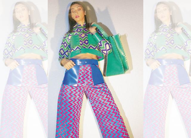 This outfit has been made from a discarded sari, fused with khadi to make it thicker. The bag has been made from recycled rubber. (Shivamm Pathak) This outfit has been made from a discarded sari, fused with khadi to make it thicker. The bag has been made from recycled rubber. (Shivamm Pathak)