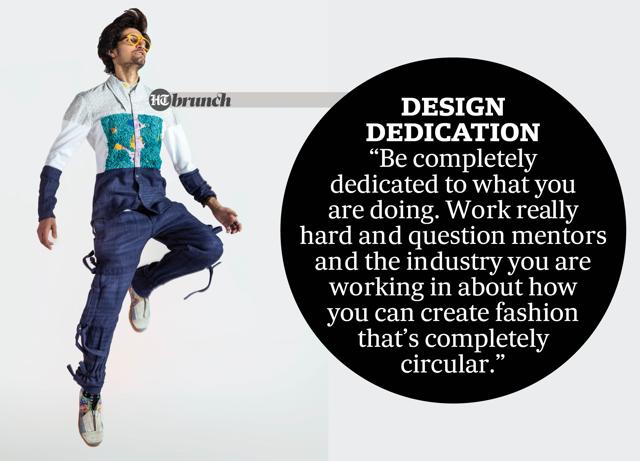 On Pratyush: A shirt made from an upcycled, damaged shirt, certified organic cotton and cartex (upcycled carpet waste textile), hand-embroidered surplus and dead stock textiles; pants made from cartex; modular sustainable eyewear in PA12; and modular footwear made from recycled polythene bags textile and rPET (recycled plastic bottle textile) (Shivamm Pathak) On Pratyush: A shirt made from an upcycled, damaged shirt, certified organic cotton and cartex (upcycled carpet waste textile), hand-embroidered surplus and dead stock textiles; pants made from cartex; modular sustainable eyewear in PA12; and modular footwear made from recycled polythene bags textile and rPET (recycled plastic bottle textile) (Shivamm Pathak)