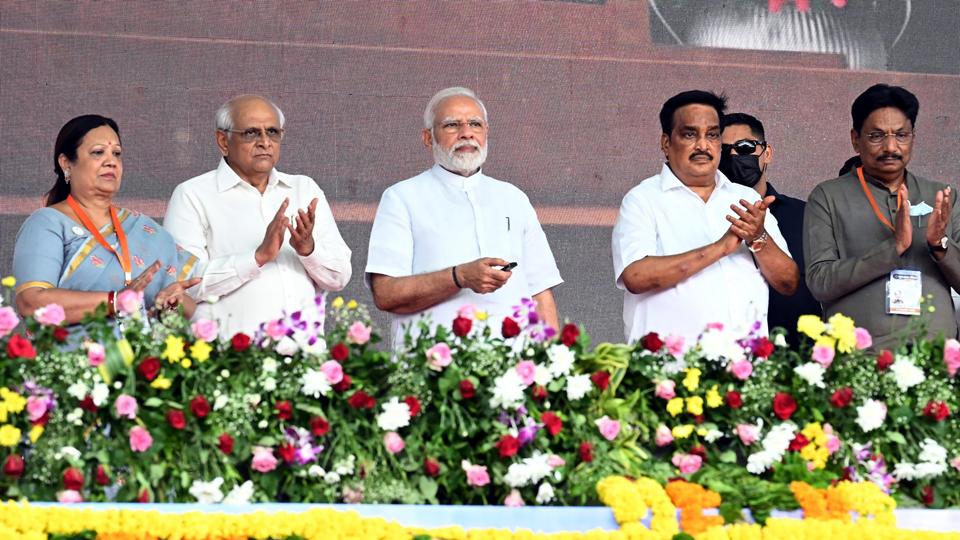 Modi on Friday inaugurated and laid the foundation stones for multiple projects worth ₹3,050 crore in tribal-dominated Khudvel in Gujarat. (PTI) Modi on Friday inaugurated and laid the foundation stones for multiple projects worth ₹3,050 crore in tribal-dominated Khudvel in Gujarat. (PTI)