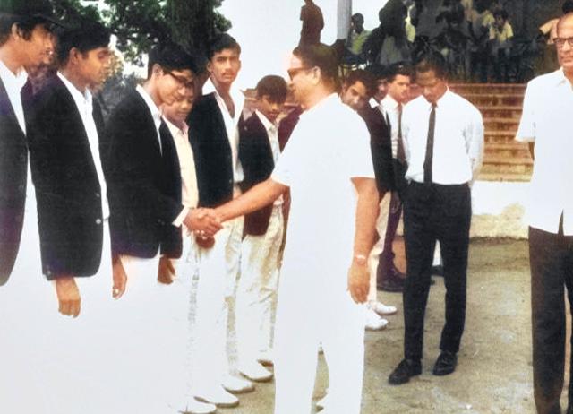 Talat (extreme left) playing cricket for the Combined Schools XI Talat (extreme left) playing cricket for the Combined Schools XI
