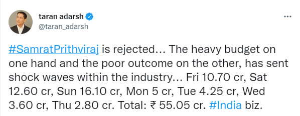 Taran Adarsh's tweet about Samrat Prithviraj's business.