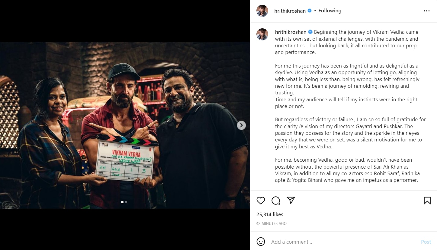 Hrithik Roshan shares post after wrap of Vikram Vedha filming. Hrithik Roshan shares post after wrap of Vikram Vedha filming.