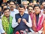 BJP candidates Dhananjay Mahadik, Piyush Goyal, and Anil Bonde along with leader of opposition Devendra Fadnavis outside Vidhan Bhavan. BJP candidates Dhananjay Mahadik, Piyush Goyal, and Anil Bonde along with leader of opposition Devendra Fadnavis outside Vidhan Bhavan.