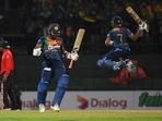 Sri Lanka's Dasun Shanaka, right, and Chamika Karunaratne celebrate their team's victory over Australia in the third Twenty20 cricket match in Pallekele, Sri Lanka, Saturday, June 11, 2022. Sri Lanka's Dasun Shanaka, right, and Chamika Karunaratne celebrate their team's victory over Australia in the third Twenty20 cricket match in Pallekele, Sri Lanka, Saturday, June 11, 2022.
