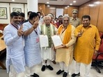 Rajya Sabha elections: Haryana chief minister ML Khattar with winning candidates. Rajya Sabha elections: Haryana chief minister ML Khattar with winning candidates.