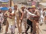 Saharanpur: Police attempt to detain protestors during a demonstration over the controversial remarks by two now-suspended BJP leaders against Prophet Mohammad.