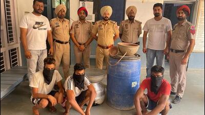 The Sadar Nakodar police on a tip-off seized 150 litre of lahan and arrested three persons identified as Manpreet Singh, Amarjeet Singh and Sukhjinder Singh. In another case, 280 narcotic pills were seized by the police station, Nurmahal, in a routine search operation. (HT Photo)