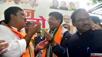 Winning candidates Piyush Goyal (C), Anil Bonde (R) and Dhananjay Mahadik (L) celebrate after the results of Rajya Sabha elections, outside BJP office in Mumbai,&nbsp; (Anshuman Poyrekar/HT PHOTO)