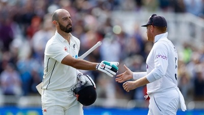 England v New Zealand - Trent Bridge, Nottingham, Britain - June 11, 2022 England's Jonny Bairstow shakes hands with New Zealand's Daryl Mitchell after he lost his wicket for 190 runs (Action Images via Reuters)