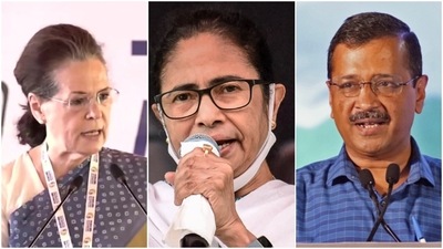 Congress interim president Sonia Gandhi, West Bengal chief minister Mamata Banerjee and Delhi chief minister Arvind Kejriwal. Congress interim president Sonia Gandhi, West Bengal chief minister Mamata Banerjee and Delhi chief minister Arvind Kejriwal.