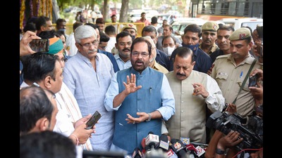 Union ministers Mukhtar Abbas Naqvi, Gajendra Singh Shekhawat and Jitendra Singh challenged the Maharashtra returning officer’s decision not to cancel Shiv Sena MLA Suhas Kande’s vote in the Rajya Sabha elections (PTI) Union ministers Mukhtar Abbas Naqvi, Gajendra Singh Shekhawat and Jitendra Singh challenged the Maharashtra returning officer’s decision not to cancel Shiv Sena MLA Suhas Kande’s vote in the Rajya Sabha elections (PTI)