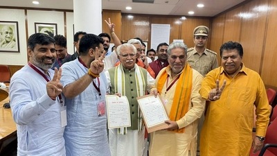 Rajya Sabha elections: Haryana chief minister ML Khattar with winning candidates. Rajya Sabha elections: Haryana chief minister ML Khattar with winning candidates.