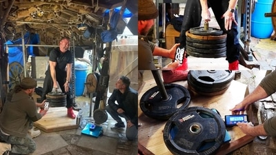 The image shows the man attempting the world record and the discs used for the attempt. (Guinness World Records) The image shows the man attempting the world record and the discs used for the attempt. (Guinness World Records)