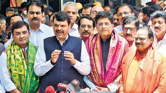 BJP candidates Dhananjay Mahadik, Piyush Goyal, and Anil Bonde along with leader of opposition Devendra Fadnavis outside Vidhan Bhavan.(Bhushan Koyande/HT Photo/File)